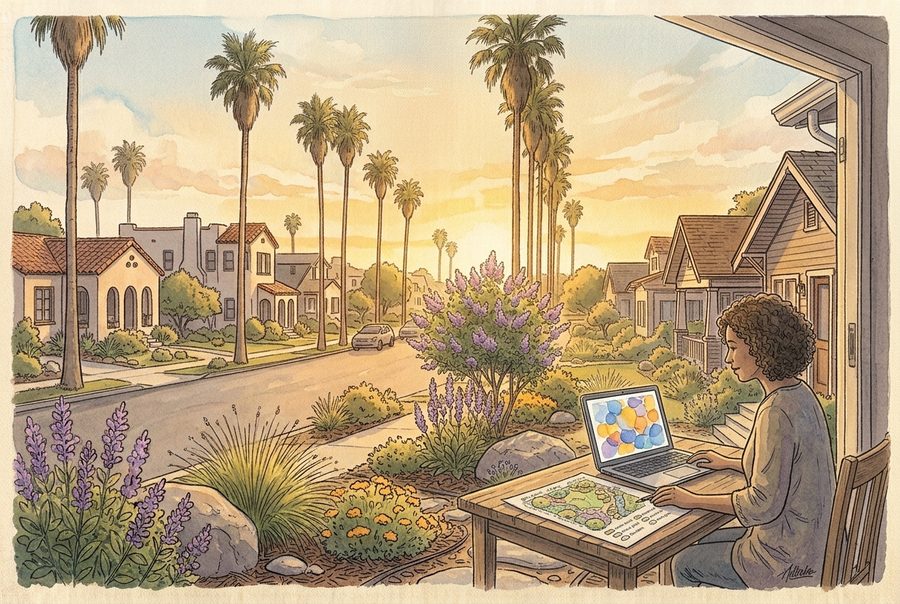Homeowner on a porch applying online with a laptop, a Long Beach street and palm trees behind
