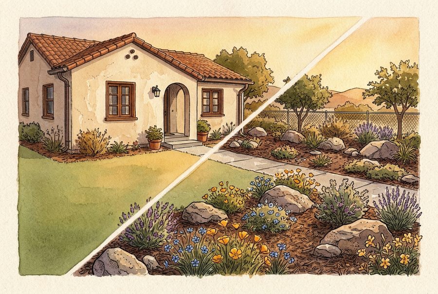 Same house split diagonally between a plain lawn and a finished native garden