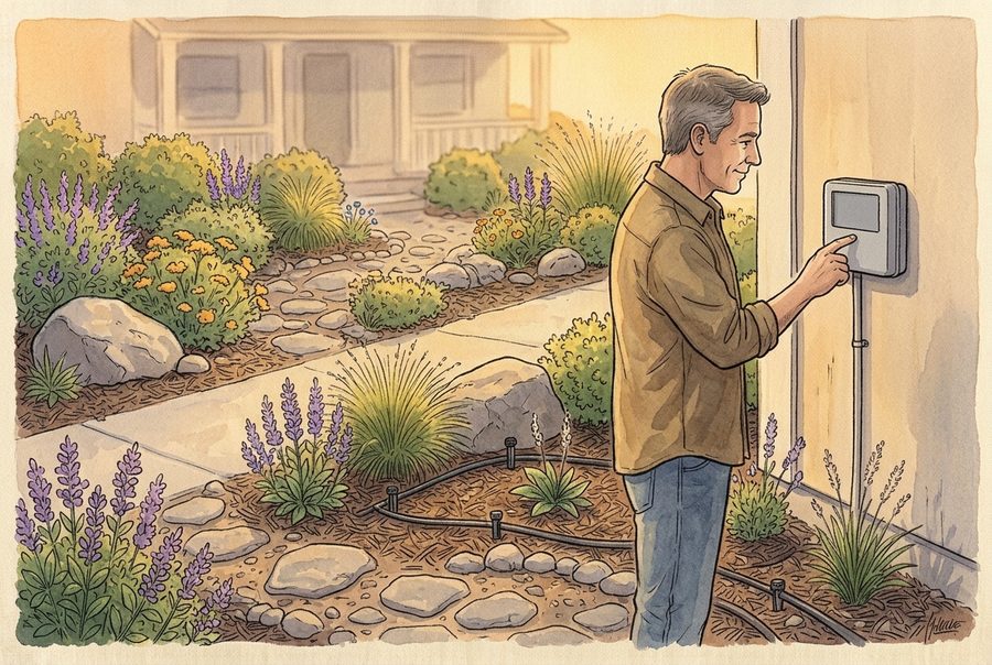 Homeowner adjusting a wall-mounted irrigation controller beside a drip-irrigated garden