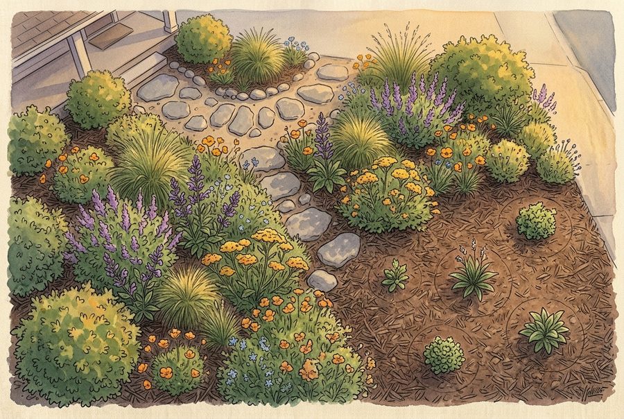 Top-down view of a garden bed with dense plants on one side and young plants on mulch on the other