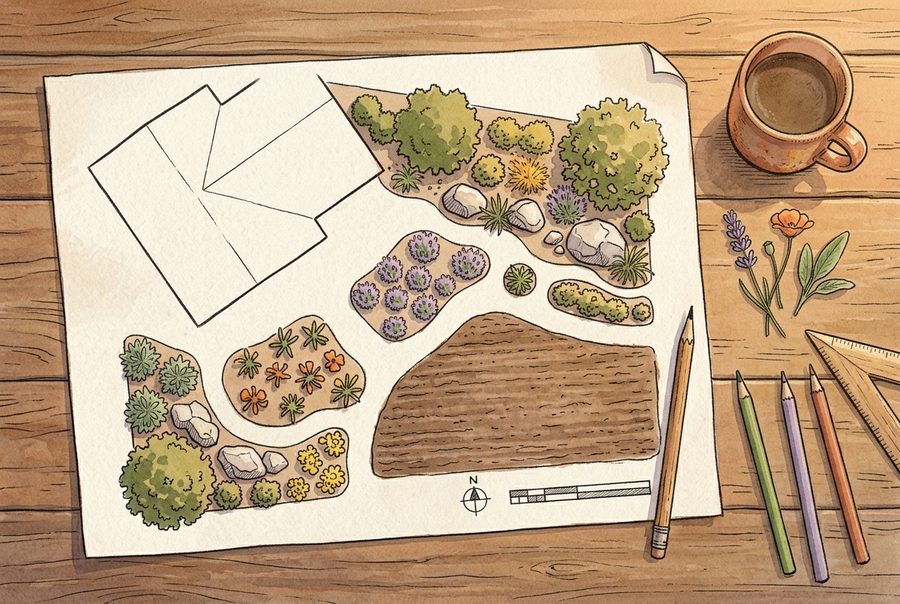 Hand-drawn landscape plan on a wooden table with pencils and a coffee cup