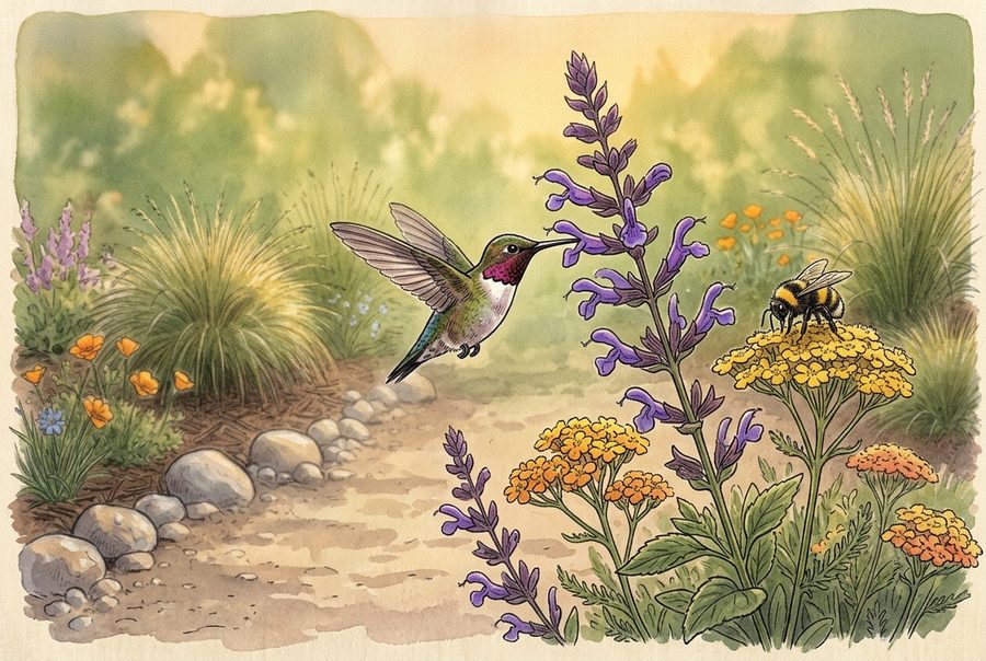 Hummingbird at a purple salvia flower and a bee on yellow yarrow