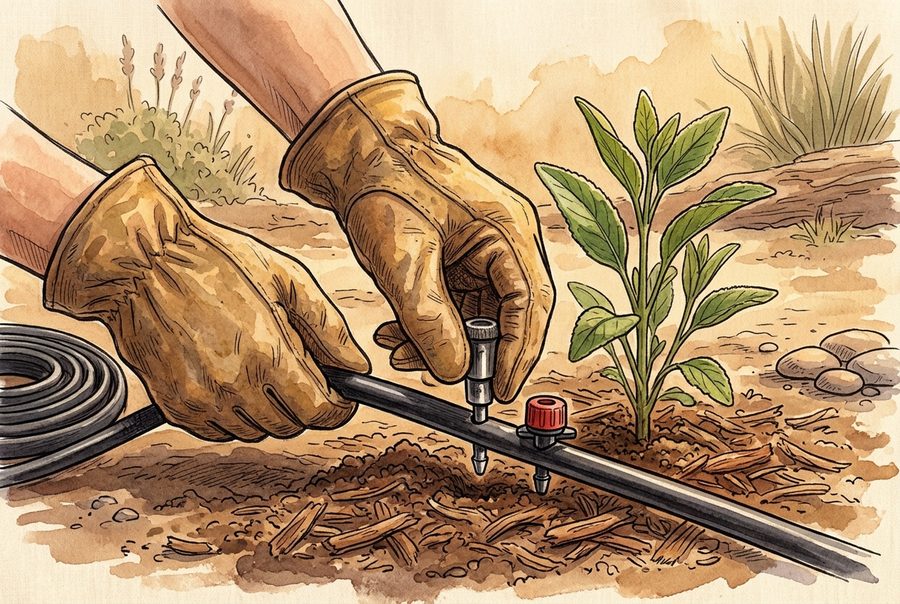 Gloved hands installing a drip emitter on black tubing beside a young plant