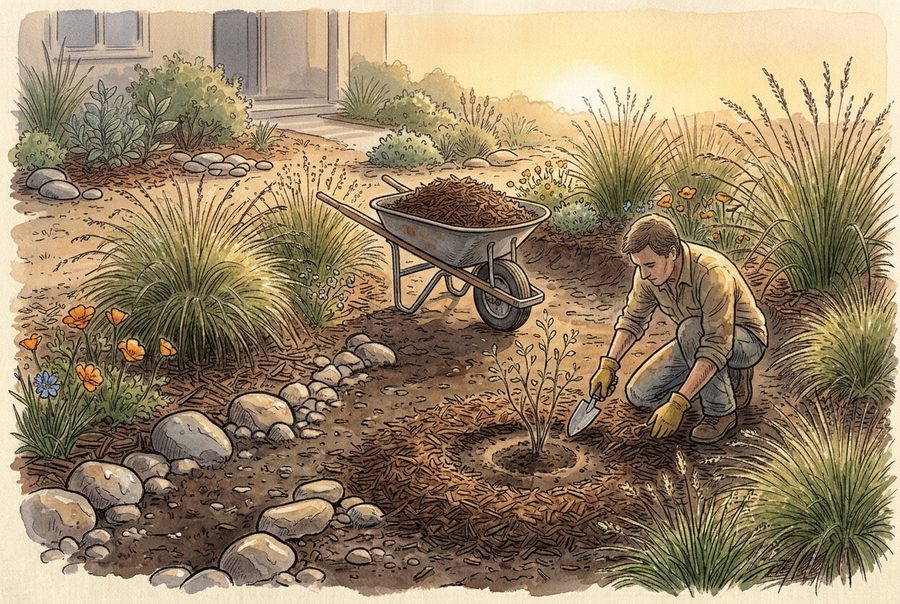 Gardener mulching around a new plant with a wheelbarrow of wood chips nearby