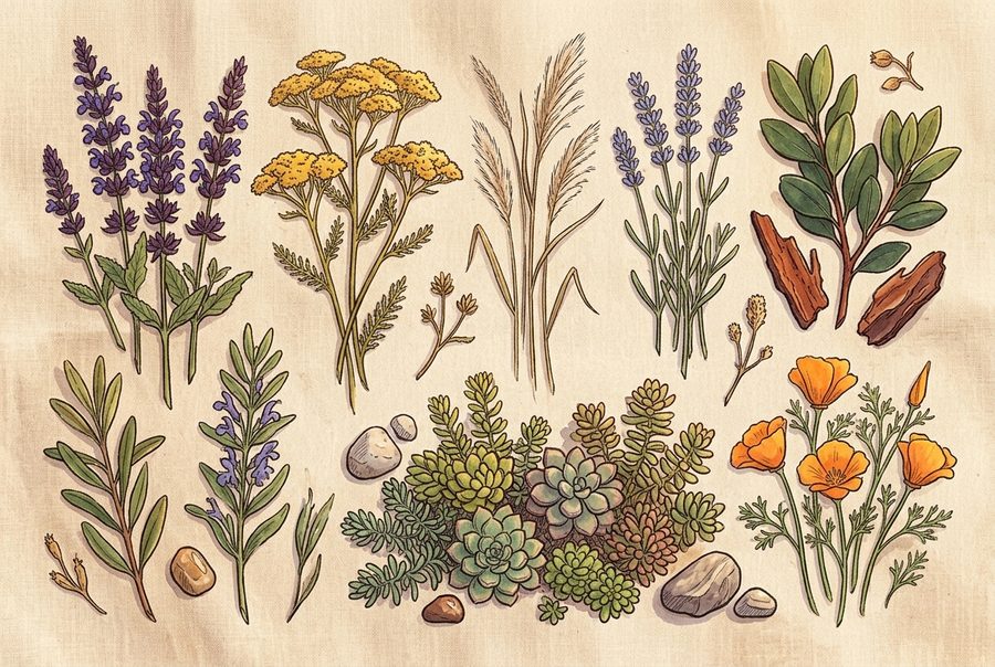 Illustrated California-friendly plants including salvia, yarrow, deer grass, lavender, sedum and poppy