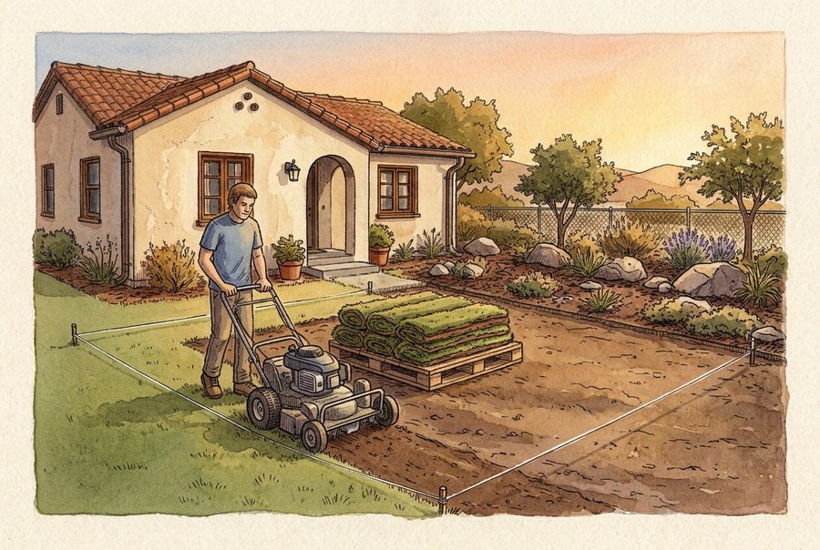 Man removing lawn strips inside a string-lined bed, with rolled turf stacked on a pallet