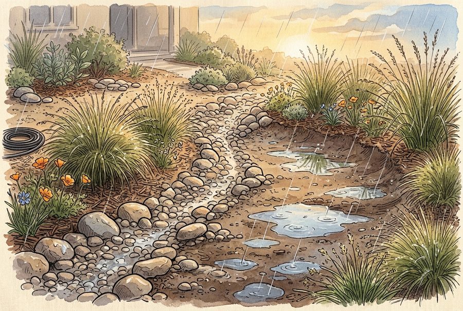 Rain soaking into a shallow basin beside a river-rock dry creek bed