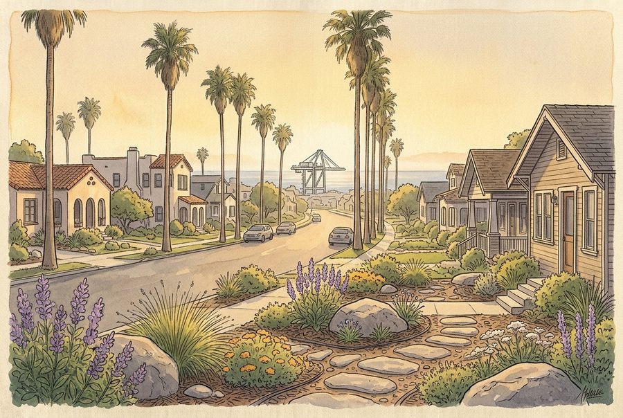 Long Beach street lined with palm trees and homes with drought-tolerant front yards, harbor crane in the distance