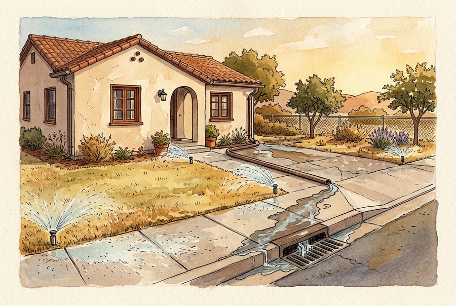 Dry lawn with sprinklers overshooting onto the sidewalk and water running to a storm drain