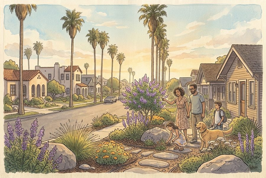 Family with a dog and children stopping to look at a native front-yard garden
